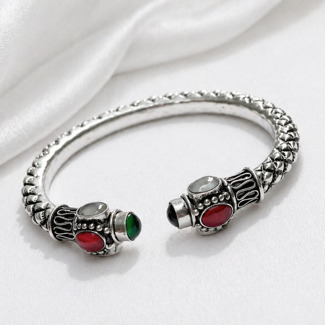 Vintage Tribal Silver Cuff Bracelet with Multicolor Gemstones